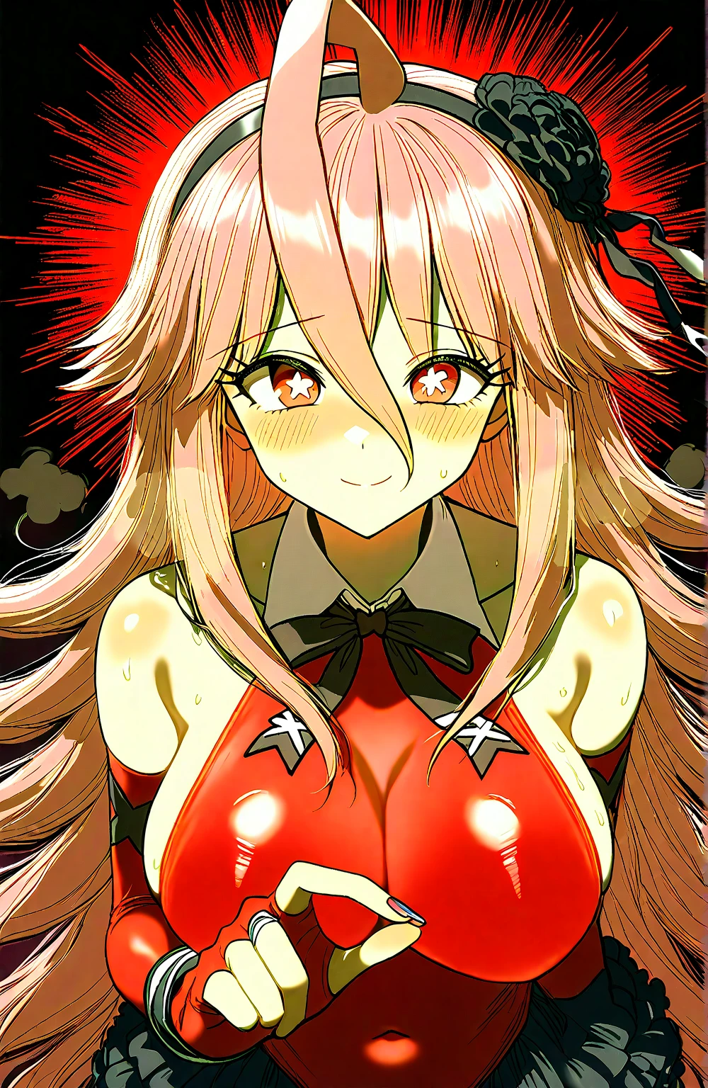 Ultra, high resolution, 1girl, solo, green hair, wavy hair, long hair, ((red eyes)), glowing eyes, sultry eyes, juicy lips, plump lips, glossy lips, soft blush, dolly face, eyelashes, eyeliner, large breasts, pale skin, ((red latex dress)), ((short dress)), realistic background, warm lightning, very detailed clothes, very detailed face, very detailed eyes, very detailed hair, ultra, best quality, masterpiece, looking at viewer, in love with the viewer, full body, posing seductively. 