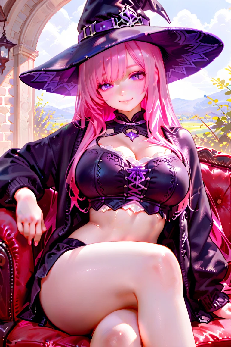 witch, glasses, big breast, sweaty cleavage, mini bikini pink stripes, bed, pink striped thigh high socks, thong