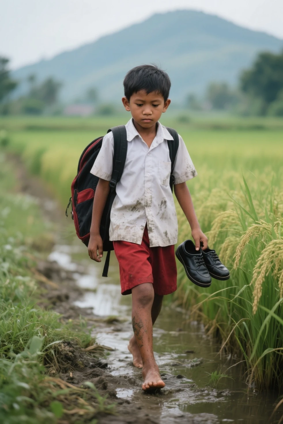 A boy in a school uniform was chased by his mother because he ran away carrying a plate of fried fish.