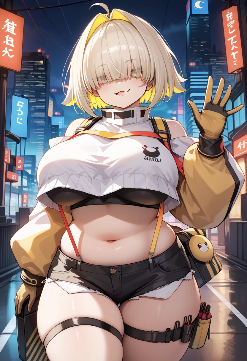1girl,  (((bimbo))),hoop earrings, puffy lips, painted lips, thick lips. 
blonde hair, short twintails, wide hips, thick thighs, perky breasts, bursting breasts, Nightlife, Night city, Cyberpunk city, futuristic cityscape. Neon lights, (skyscraper:1.1), Tokyo tower, palm tree, cloth sign, ramen stall, night club. bright city lights, exotic car. alcohol, bar, ramen, soup stall ,alcohol bottles, stomach blush, overflowing breasts, rounded stomach, pubic tattoo, word underbelly tattoo, cameltoe, gym shorts, sexy dolphin shorts, low hanging shorts, slutty yellow jacket, vagina liquid running down between thighs, no panties, pussy juice in between thighs, legs slightly apart, ruler tattoo, ruler tattoo with heart on top