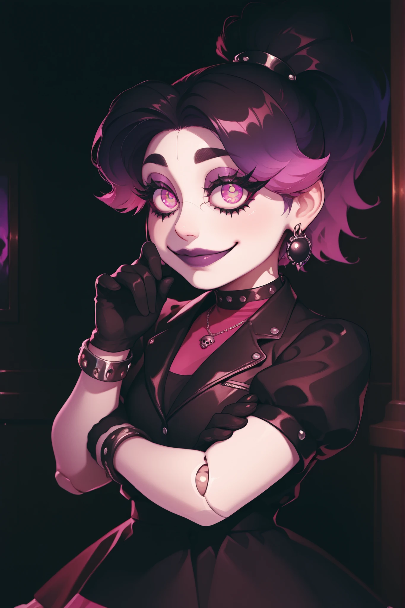 1 girl, image with a very dark background and low light, bright eyes in the dark, wrapped in thick darkness, beautiful, big eyes, black eyelashes and eyeliner, hair donut with studs, black dress with violet, black ponytail, bracelet with studs, violet nose and cheeks, robotic girl, robot joints, black gloves, metalhead, skirt with a skull in the center, gothic earrings, arms behind, necklace with studs, high-neck dress, purple gradient hair, use flat colors, black and dark purple colors, big eyeliner, big purple eyelashes, looking at the viewer, Smug gesture, wears a black leather jacket, sexy, wide, thick eyebrows, discreet dark purple lipstick, adult woman, small chest, big skirt, Pink luminescence radiates from her, profile view, blurred image with low brightness, low light, pink pupils, thin face, robotic face with subtleties, pastel colors, contrast between the darkness and the shining light of it, opaque, gloomy, mysterious and dark, crossing your arms, with your head slightly tilted to one side