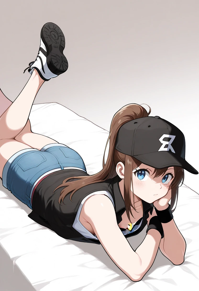cartoon girl laying down holding a game controller and saying "go for it", 1girl, game controller, controller, hat, baseball cap, ass, gamepad, brown hair, backwards hat, underwear, solo, striped, purple panties, panties, breasts, brown eyes, jewelry, english text, striped shirt, earrings, smile, shirt, cameltoe,thick thighs legs beautiful face ass pussy
