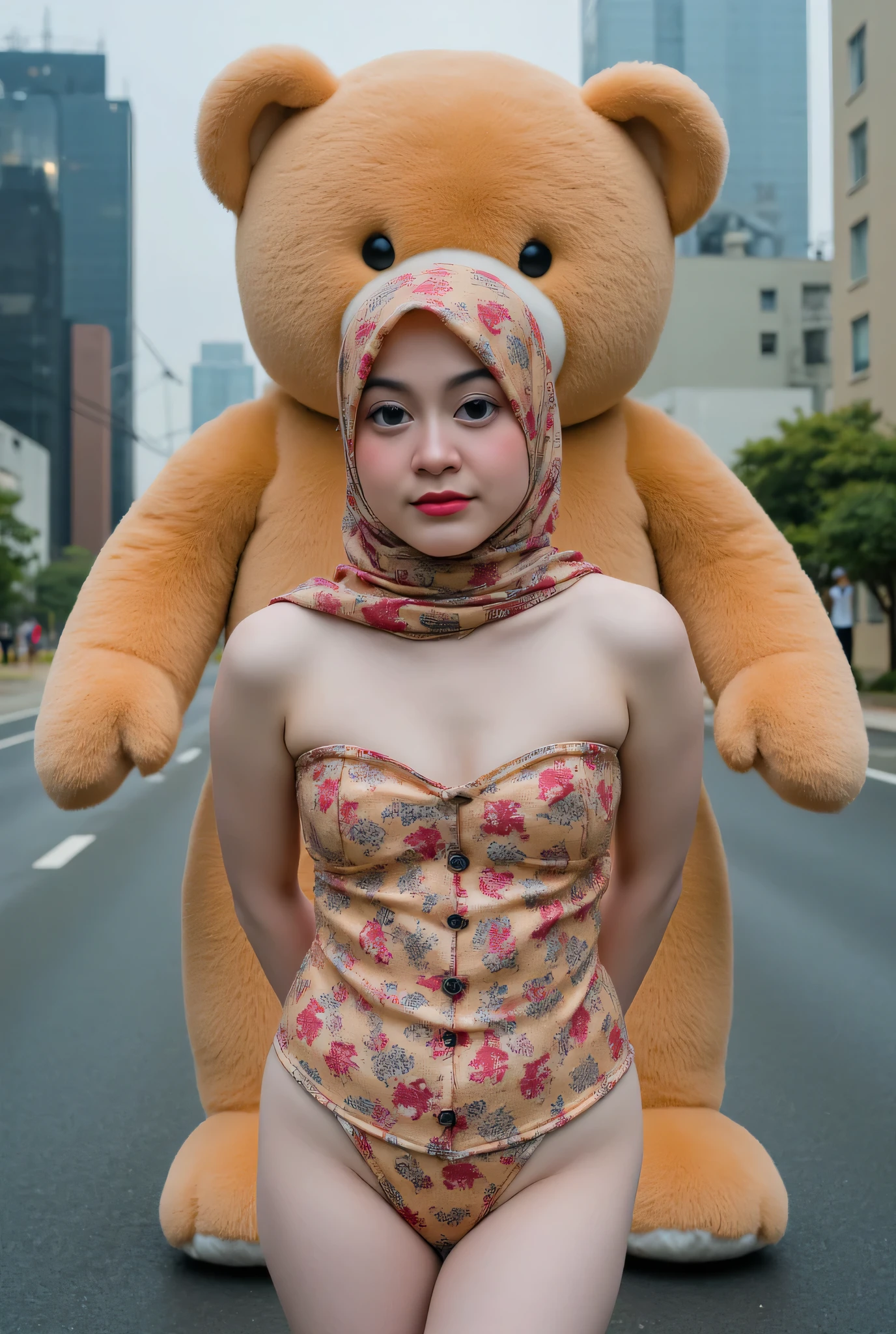 MALAY SCARF HIJAB GIRL WEARING PLAIN STRAPLESS CORSET AND MINI PLAIN PANTIES , (realistic, photo-realistic:1.4), (1 FUTUNARI), hand on hips, ((Flat Chest)), ((TEARS)). KEDUA BELAH TANGAN DILETAK DIBELAKANG PUNGGUNG' Futanari long erect penis, background Di tengah Kota Yang sepi Di negara jepun, TEDDY BEAR SANGAT BESAR MEMELUK SAYA DARI ARAH BELAKANG
