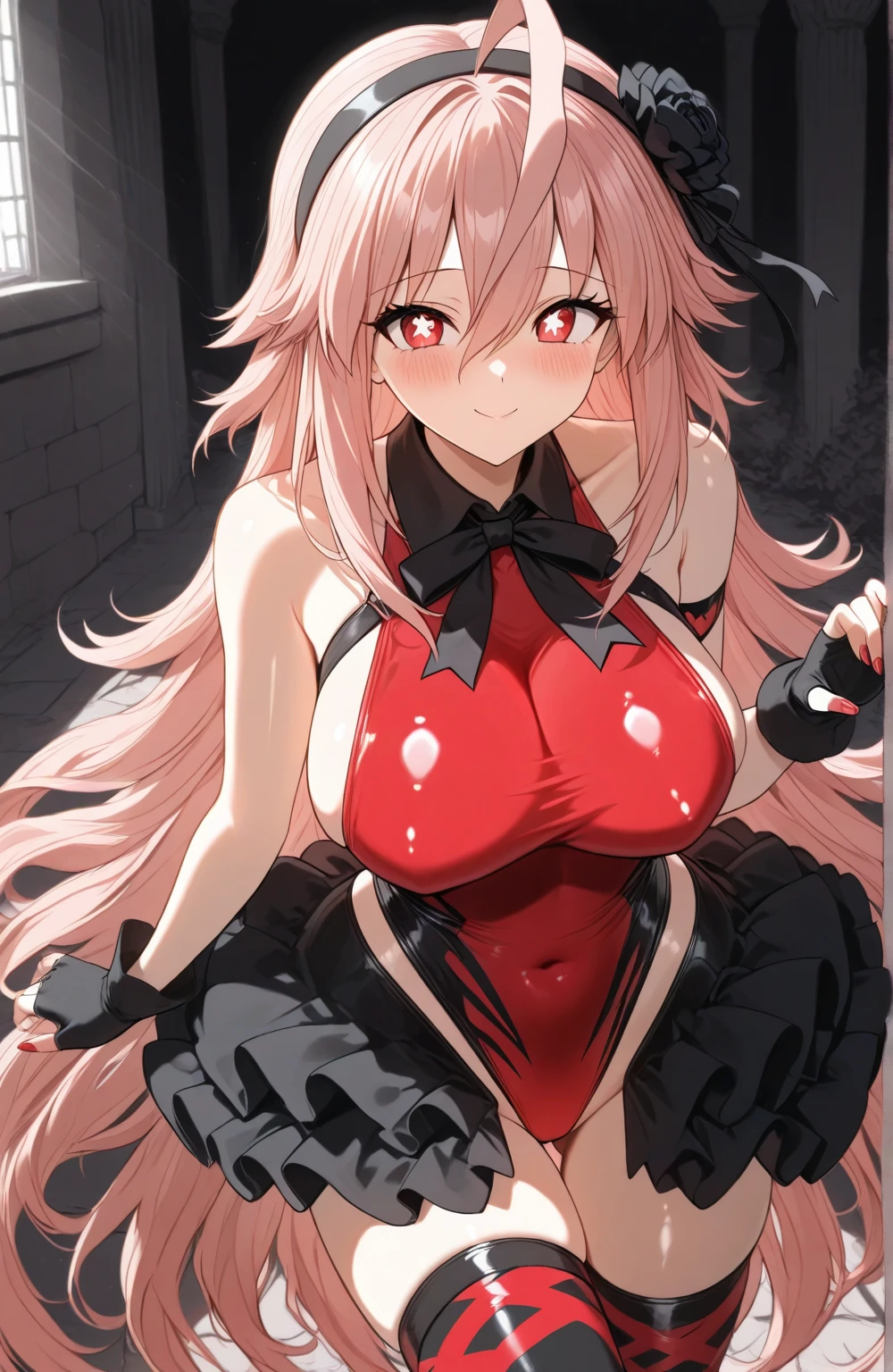 (masterpiece, best quality), 1girl, solo, looking at viewer,
<lora:Ratetaso-v1:0.95>, thick thighs,
close-up, portrait,
from side,
expressionless, closed mouth, serious,
pink hair, very long hair, parted bangs, messy bun,
orange eyes, empty eyes, white pupils,
large breasts,
bodysuit, colorful bodysuit, leotard, colorful leotard, <lora:colorful_dress:0.5>, colorful_dress, skin tight, cameltoe, collarbone, covered navel, covered nipples, covered collarbone, high collar, long sleeves,
penetration gesture, hands up,
night, outdoors,