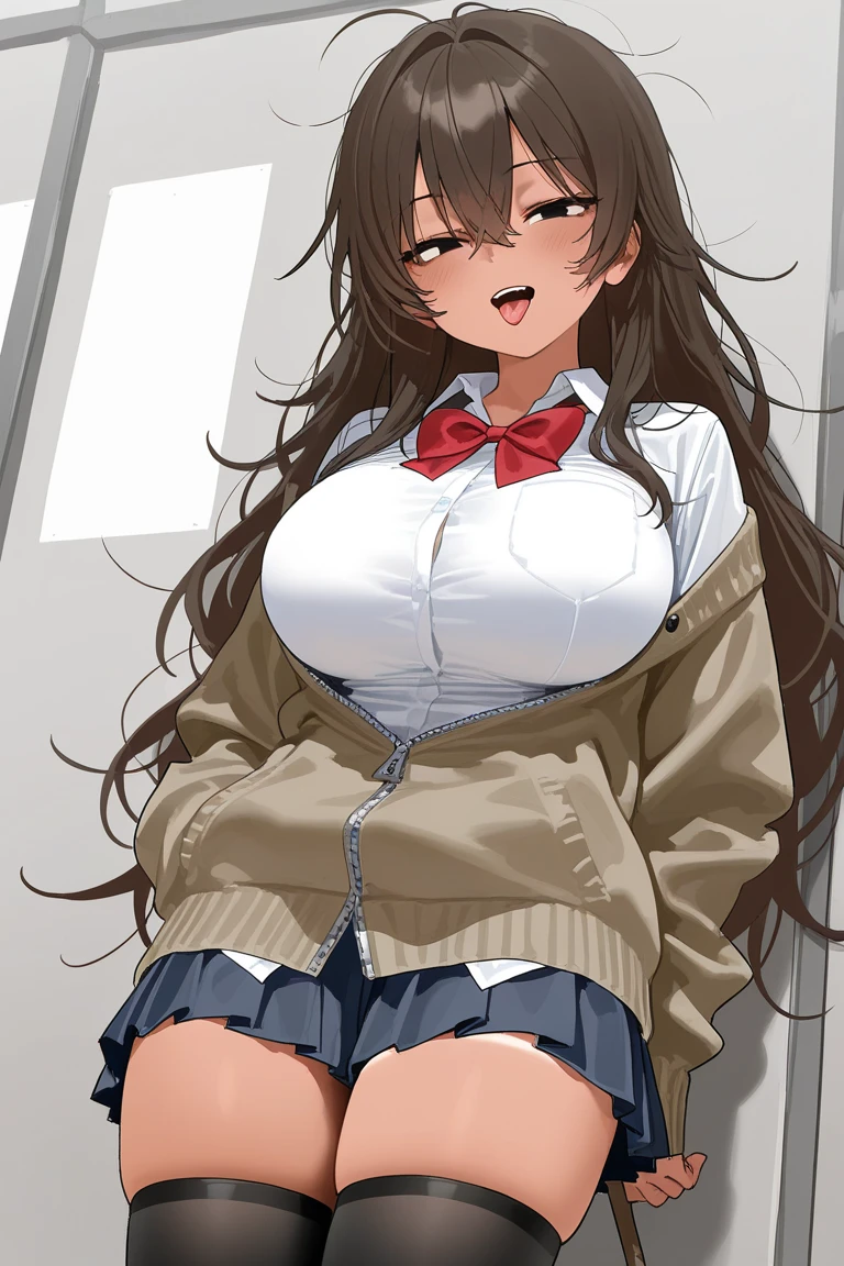 seductive anime girl, [ 4 k digital art ]!!,ultra realistic picture, overdetailed art, 8k high quality detailed art,tanned plump gyaru,(tareme,thick lips:1.2),dress shirt,cardigan,school uniform,sidetail,long pleated skirt,brown loafers,brown wavy hair,(tanned skin:1.3),dark skin,sweaty,close up, lying and spreading legs,(lacyundies),in classroom,(aroused and suffering:1.3),saliva,from above,(face focus),(vaginal penis,having sex with man:1.2)