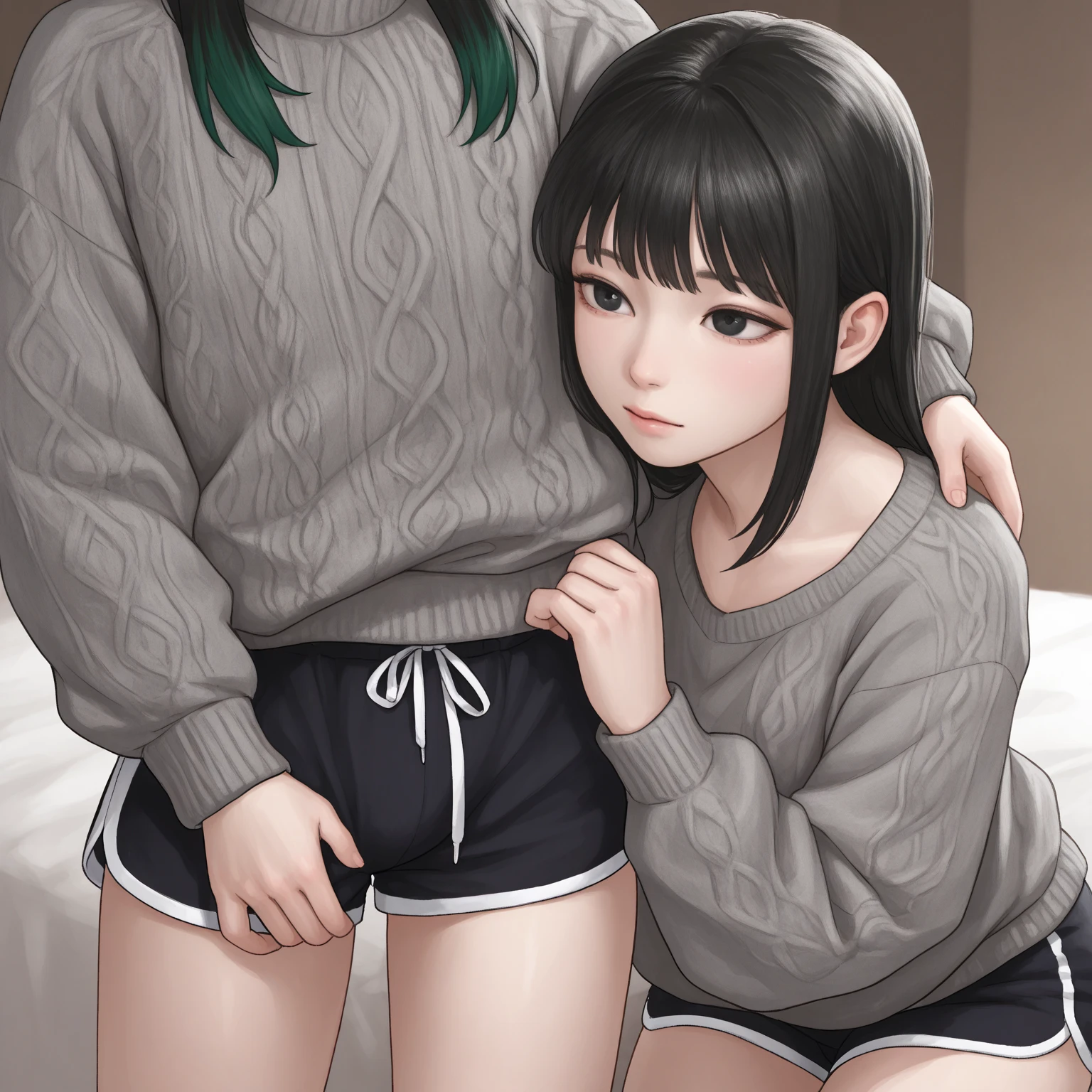 full-body view, in house, girl, single girl, solo, standing, barefoot, dark skin, black long sleeves, black shorts, wearing glasses, black hair, blush, covering crotch with two hands, knees together, feet apart, looking at viewer, both standing upright, 5 toes