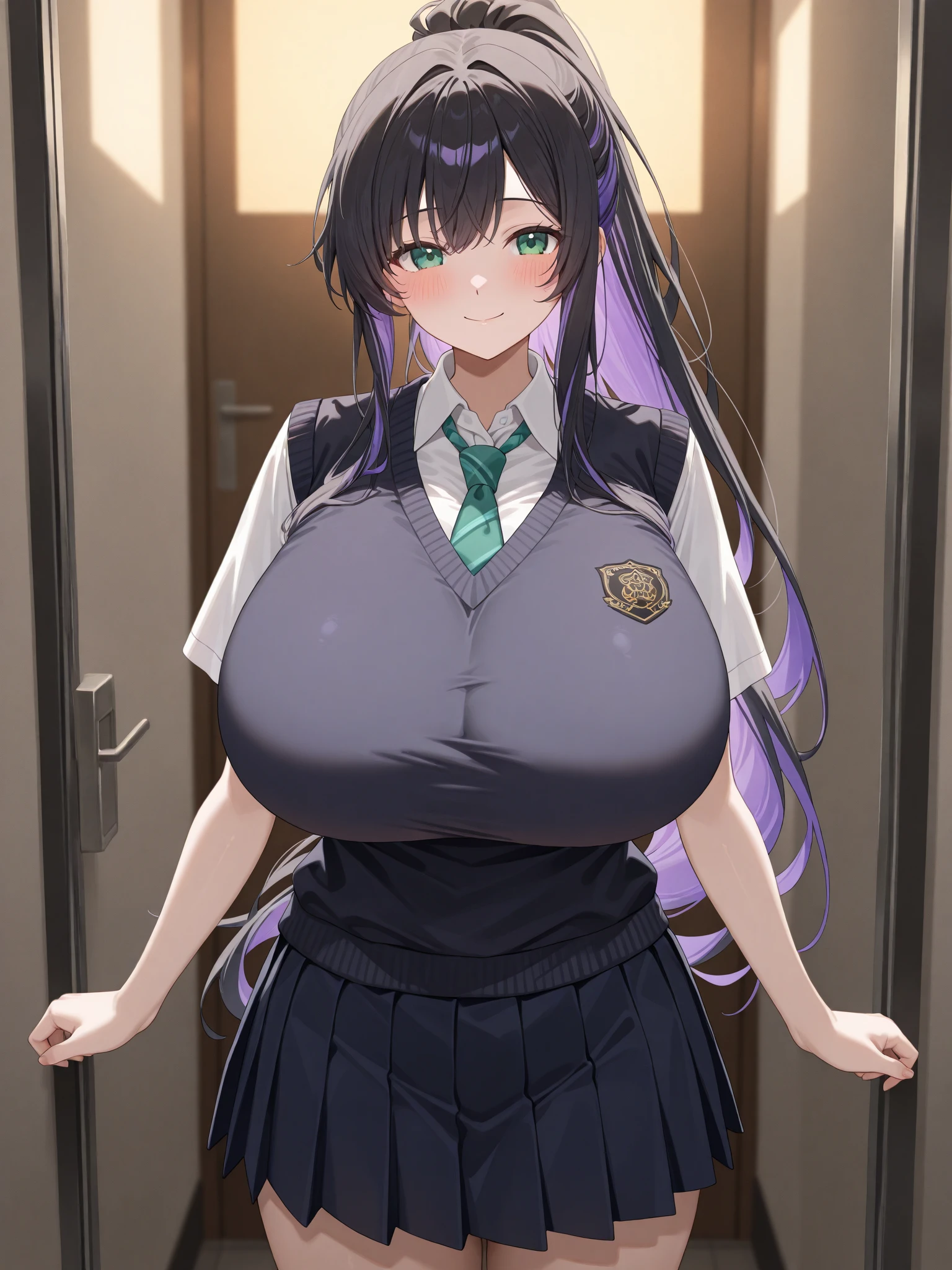 1girl, koichoco school uniform, green jacket, huge breasts, breasts, black hair, (medium hair:1.2) , purple eyes, smile , upper body <lora:koichoco-v1:1>