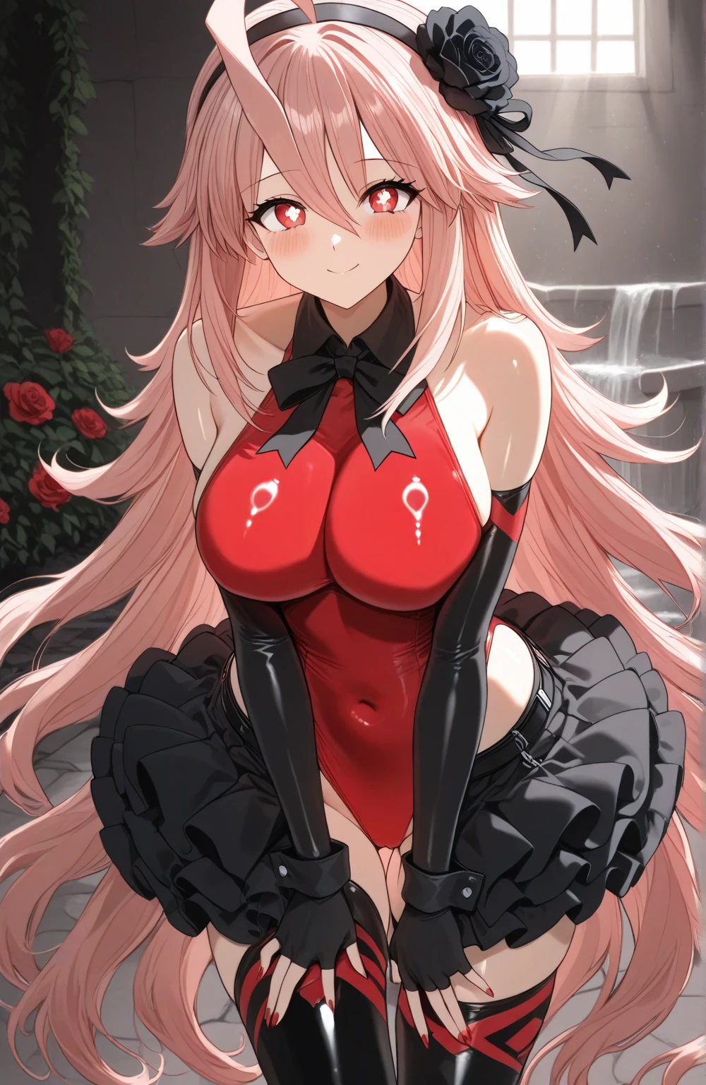 masterpiece, best quality, very aesthetic, absurdres, 1girl, mature_lady, large_breasts, ,yuzuriha_inori(guilty_crown), guilty_crown, 1girl, floating_hair, low_twintails, hair_ornament, linea_alba, long_hair, medium_breasts, pink_hair, red_eyes,,puckered lips,Beaded Collar Blouse,Tudor - Features half-timbered exteriors, gabled roofs, and decorative chimneys.,floating_clothes
