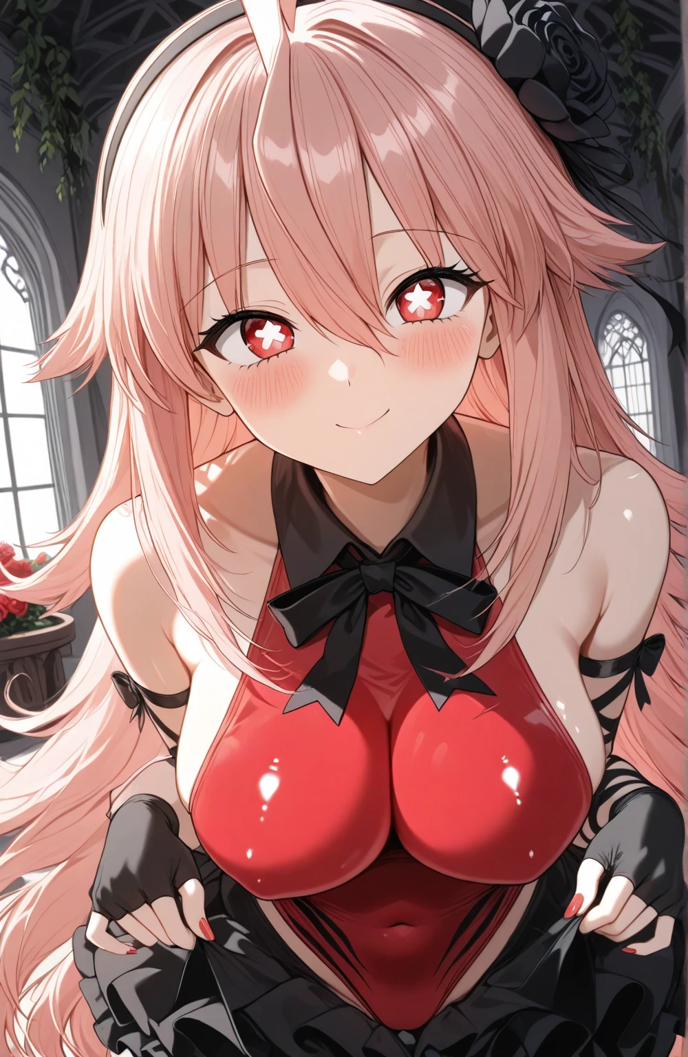 Erotic Pink Hair Erotic、Shihodo Narika、Pink Hair、No sleeve、Shoulder、Red rubber suit、Super Subaru Flash Ninja Haruka Bedroom with hearts on a black background Dark theme Evil Fallen Temptation Excitement Condescending smile Sexy pose Upper body emphasis Hands on chest