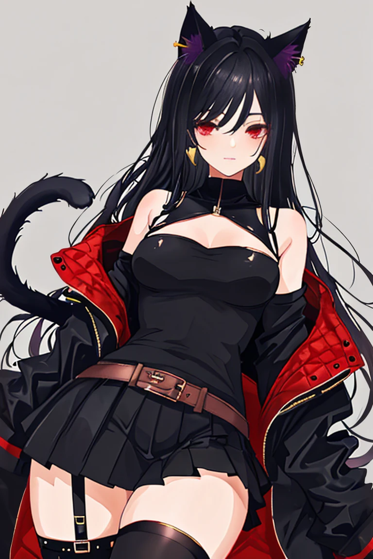 1 woman, :3 face, black and white multi colored hair, short black-white hair, cat ears, (medium breasts), ((medium to large cleavage)),cat tail, rpg video game styled princess vest, box pleat skirt, black school thigh-highs, loafers, pushing back hair, holding katana, rpg background, full body portrait, from below.