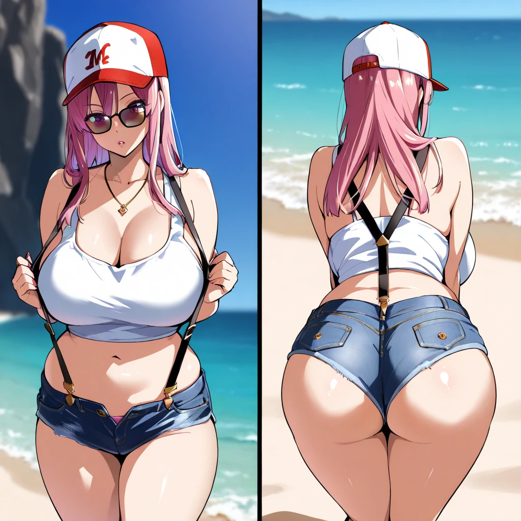 Anime girl, big butt, huge breasts, big hips, curvy girl, fleshy lips, soft skin, pink and blue hair, thick legs, thick thighs, beach, prancing ass, sweating, botox lips, mini skirt, (nurse, kiss on the mouth, 2 girls).