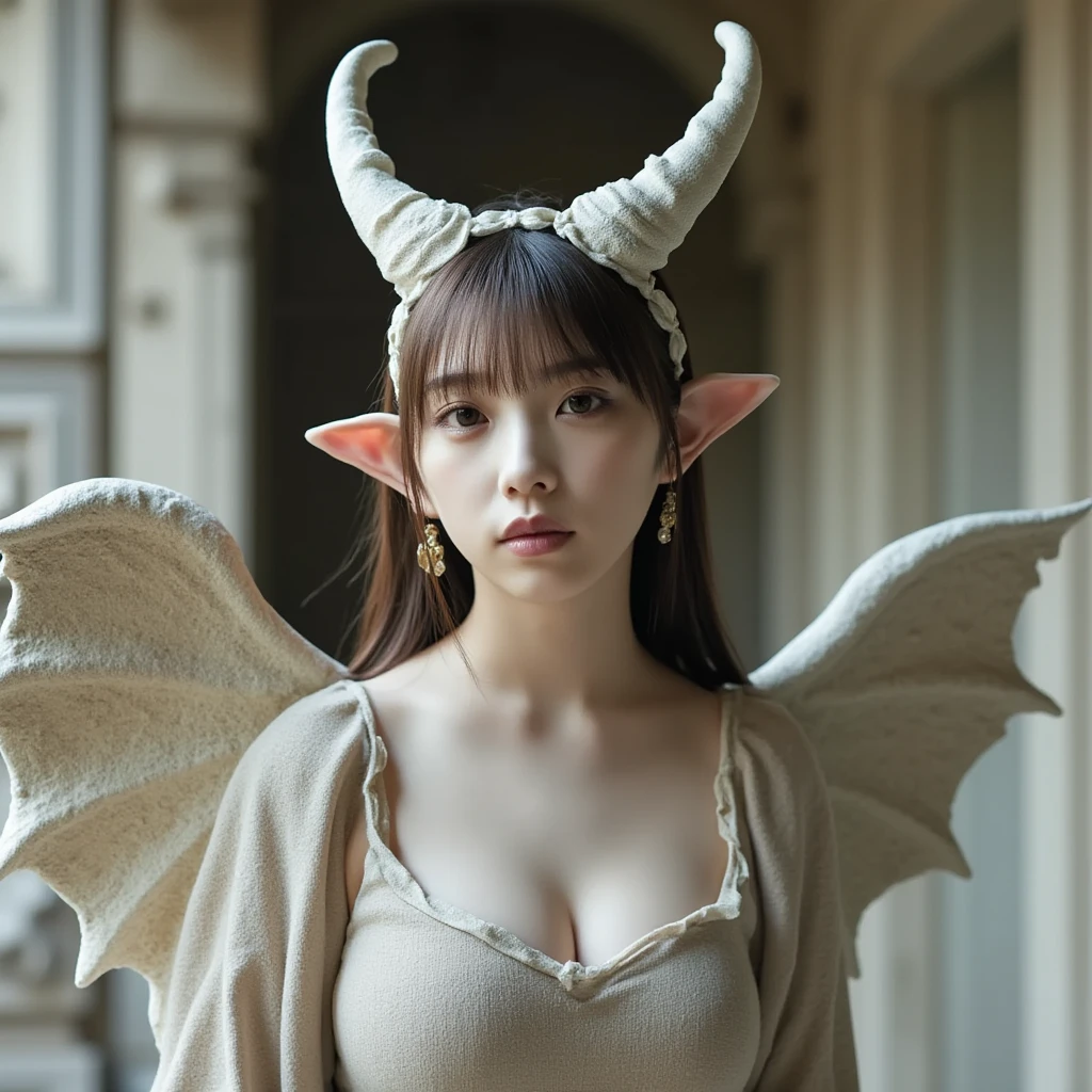 (Best Quality,Masterpiece:1.2),The ultra-detailliert,(Photo Photorealistic:1.4),Lovely_succubus, Detailed face, Fantastic face,(The two horns of a succubus:1.2), ((The two wings of a succubus:1.3)), irene, lisa, (((Background of the windows inside the European castle:1.3))), Full-body shot,