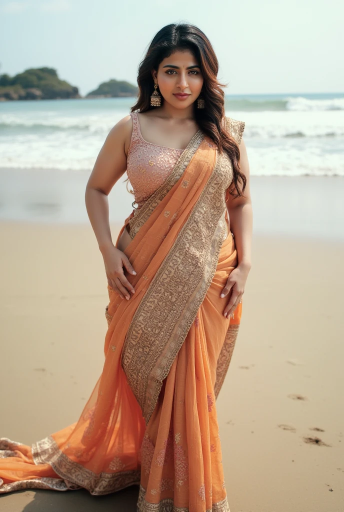 1 Heavenly beautiful and goddess beauty cute and sweet looking face Arabian woman in Kovalam Beach, Heavenly beautiful Overweight, Heavenly beautiful Extremely fat, Heavenly beautiful and attractive Chubby figure , Heavenly beautiful looking and eye catching luxury style saree , reaching out, Heavenly beautiful Arabian woman, 16k, High resolution, masterpiece, highest quality, fine skin, outside view, Realistic Photograph, close up figure view
