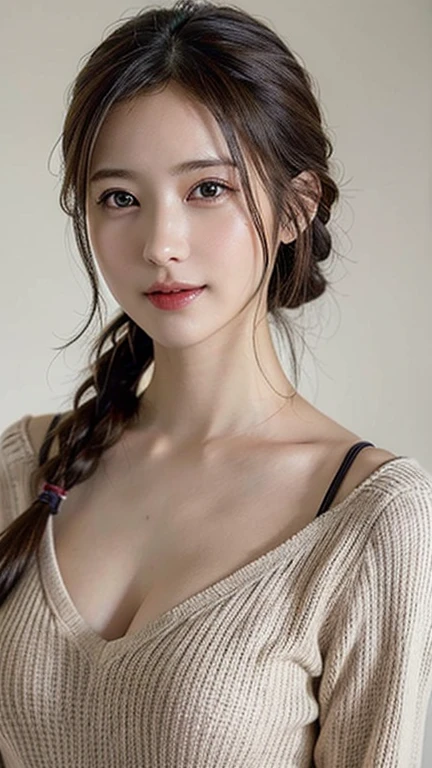 Highest quality, 8K, masterpiece :1.3)), whole body, Sharp focus :1.2, Beautiful woman with perfect figure :1.4, Slim Abs :1.2, ((Dark brown hair, Big Breasts :1.2)), (masterpiece:1.3), (8K, Photorealistic, Raw photo, Best image quality: 1.4), Japanese schoolgirl、(Random Hairstyles:1.2)、Cleavage:1.2、Super detailed face、Attention to detail、double eyelid、Put your chest together、Sharp focus:1.2、Beautiful woman:1.4、Light brown hair、Highest quality、masterpiece、Ultra-high resolution、(Photorealistic:1.4)、Highly detailed and professionally lit smile、Loose, lightweight knitwear、Shoulder out、thin、Serious expression、Short-haired、Knitted dress