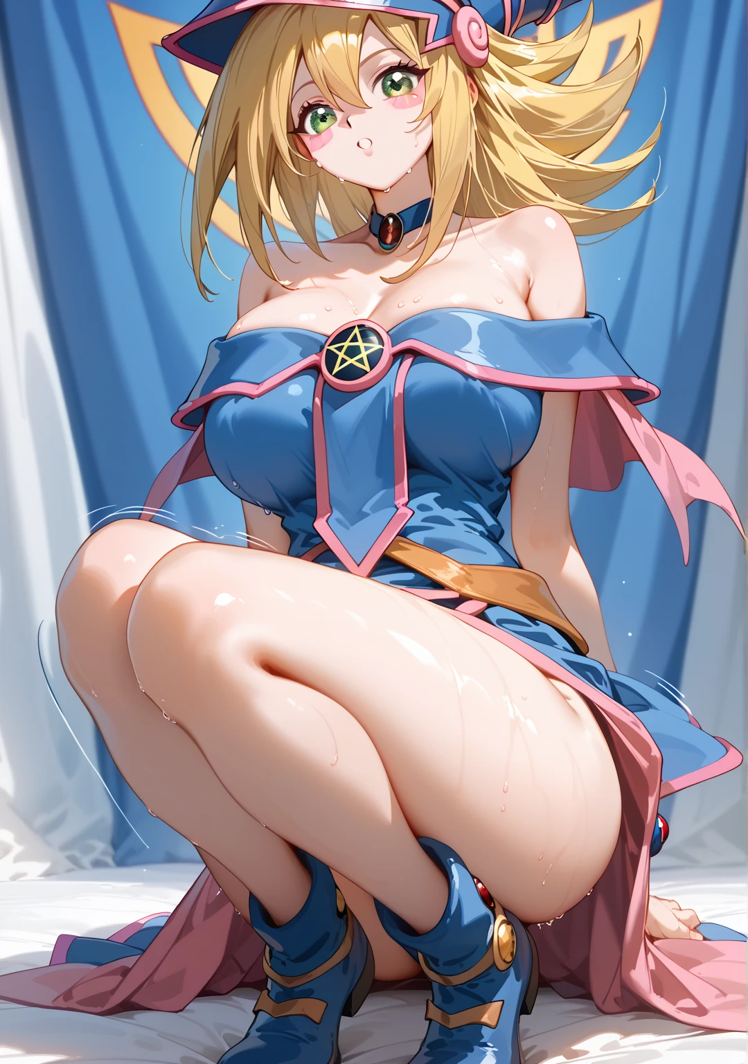 top-quality、((Lori))、((10yaers old))、((Female children))、​masterpiece、top-quality、Female Student、1 teengirl、Dark Magician Girl、​masterpiece、top-quality、(1 girl in)、独奏、(Eau)、length hair、blonde  hair、blue headwear、Wizard Hat、small tits、teats 、pink areolas、toppless、NSFW、bare-legged、Raw feet、sitting on、A look of shame,