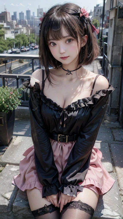 masterpiece, best quality, illustration, Super detailed, fine details, High resolution, 8K,wall paper, perfect dynamic composition, front view, standing, 18 year old girl, Gravure Idol, cute type, (Details High quality, realistic depiction of eyes:1.3), revealing clothes, short bob hair, bangs, black hair color, Dark makeup, Big Natural Color Lip, Express the size of the breast, perfect body shape, plump figure, beautiful clavicle, Black leather jacket, BREAK (baby-pink and black theme:1.4), (fusion of short puff sleeve baby-pink sundress and baby-pink A-line miniskirt with ruffles:1.4), ((U-neck, collarbone):1.3), (one-piece:1), (choker:1.3), (black bow tie on chest:1.3), (baby-pink pumps with heels:1.2), hotel room