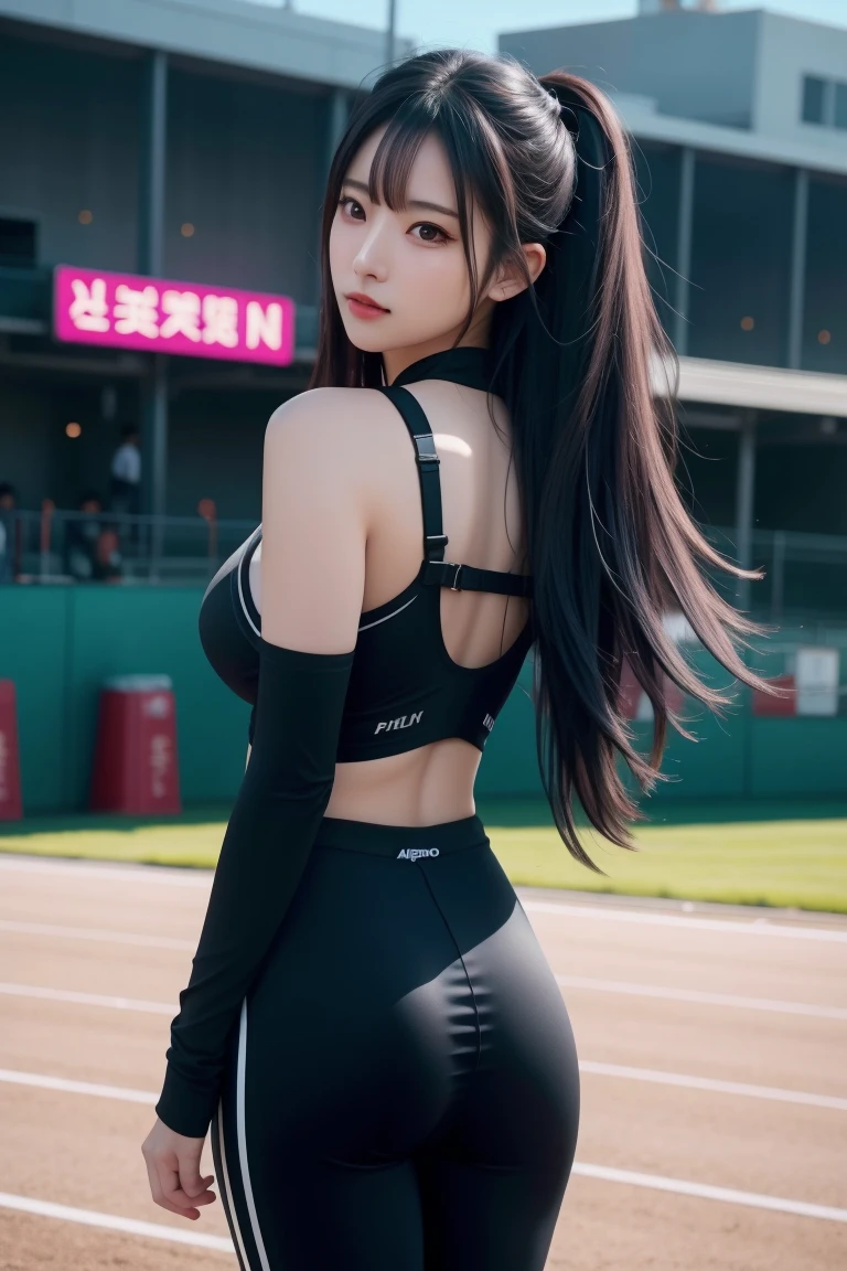Japanese women、young woman、cute、beauty、Calm face、Climbing the stairs at the station、Back view、Half Body、Look back here、Overlooking here、Long black hair、(He wears a tight fitting black baseball cap:1.5)、(Tight shorts、Black hot pants:1.6)、I can see your thighs、Beautiful legs、Beautiful feet、(Oversized T-shirt、Long sleeve T-shirt:1.8),emphasize the chest line、Large Breasts、Side bust,Sexy pose、charm、(The line of underwear is visible、See-through bra)、Pale Light、smile