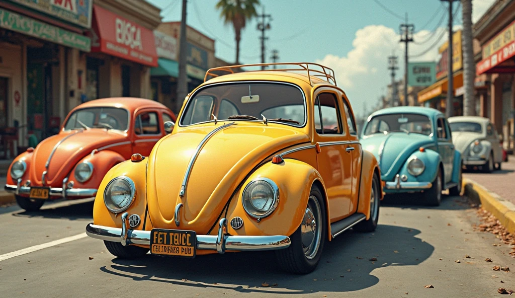 Woman in yellow panties next to a beetle
