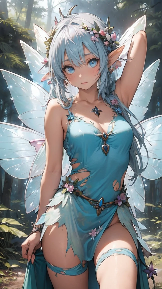 Floating fairies with fluttering wings in a mystical forest landscape、クローズアップ