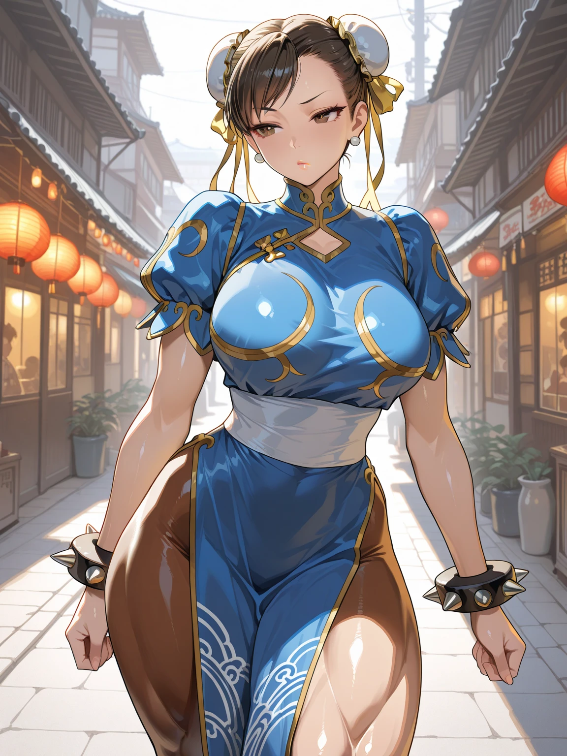 masterpiece,Highest quality, Unreal Engine, Super Resolution, Very detailed,
1 Girl, Waist, thin, (Muscular:0.8)
Round Breasts, Big Breasts, bold, Lips parted, Observe the audience,
Are standing, sexy pose
Waist shot,
Simple background anime style, Key Visual,
Hair Bun, Blue Chinese clothing, Chunli, Street Fighter,Sticky with sweat,Clothes are also wet,