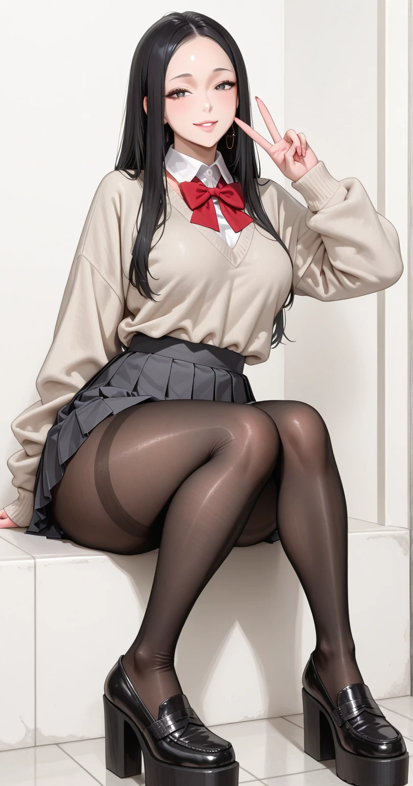 (((Shooting from a low angle below))), a girl in blouse and pleated skirt, showing her underwear, long stockings or pantyhose, (upskirt), camel toe, sexy underwear, medium breasts, spread legs, (very detailed), ((perfectly detailed face)), (detailed face), (detailed hand), (detailed hand), photorealistic image.