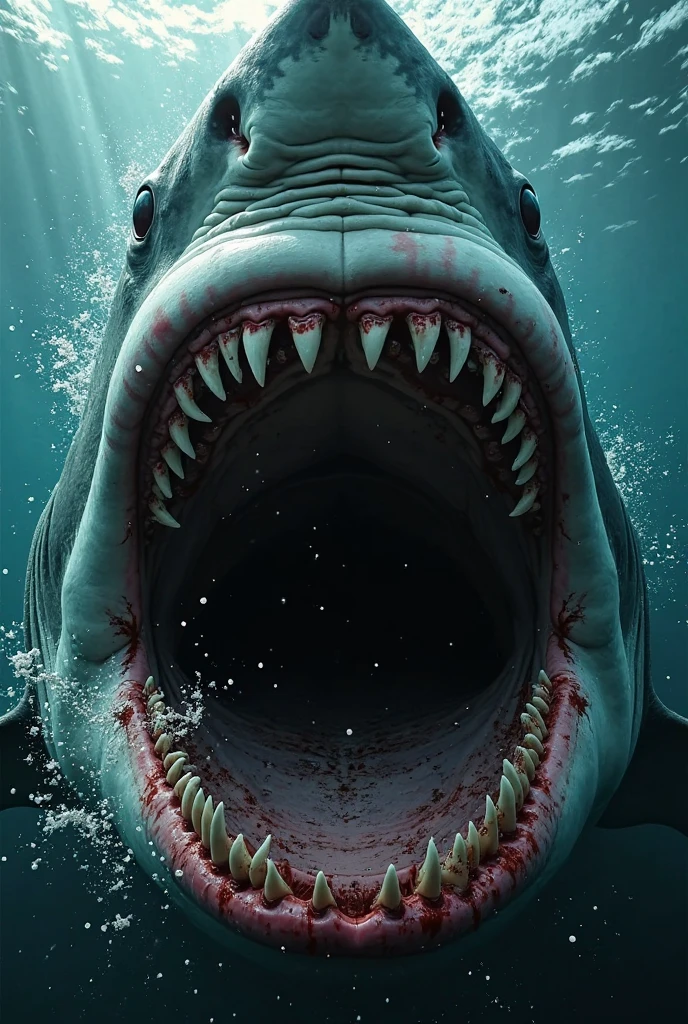 gigantic megalodon shark with sharp teeth, on the surface of the ocean destroying a whale and devouring it in half with lots of blood, photorealism
