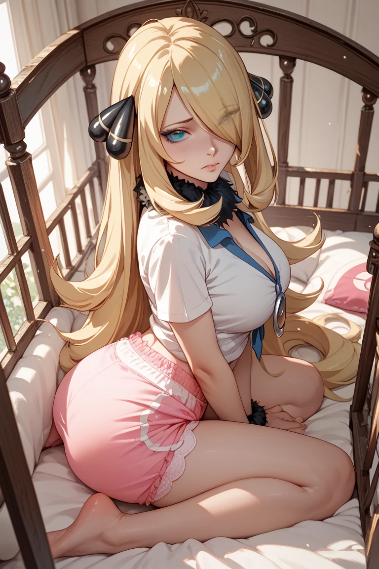Realistic and detailed image of a girl with cat ears. overalls with minishorts. Unusually shiny long silky blonde hair. blue eyes. Has earrings and long eyelashes. She has full lips. large breasts, slim waist, very wide hips and thick thighs. profile. arched back. She is sleeping in a bed. snowy night. dark atmosphere. Starry night.