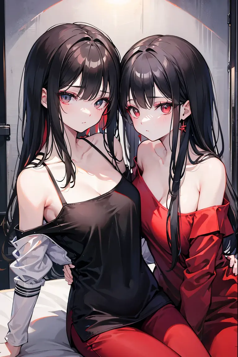 Tall girl Red eyes Dark hair Ponytail with fringe Front face 