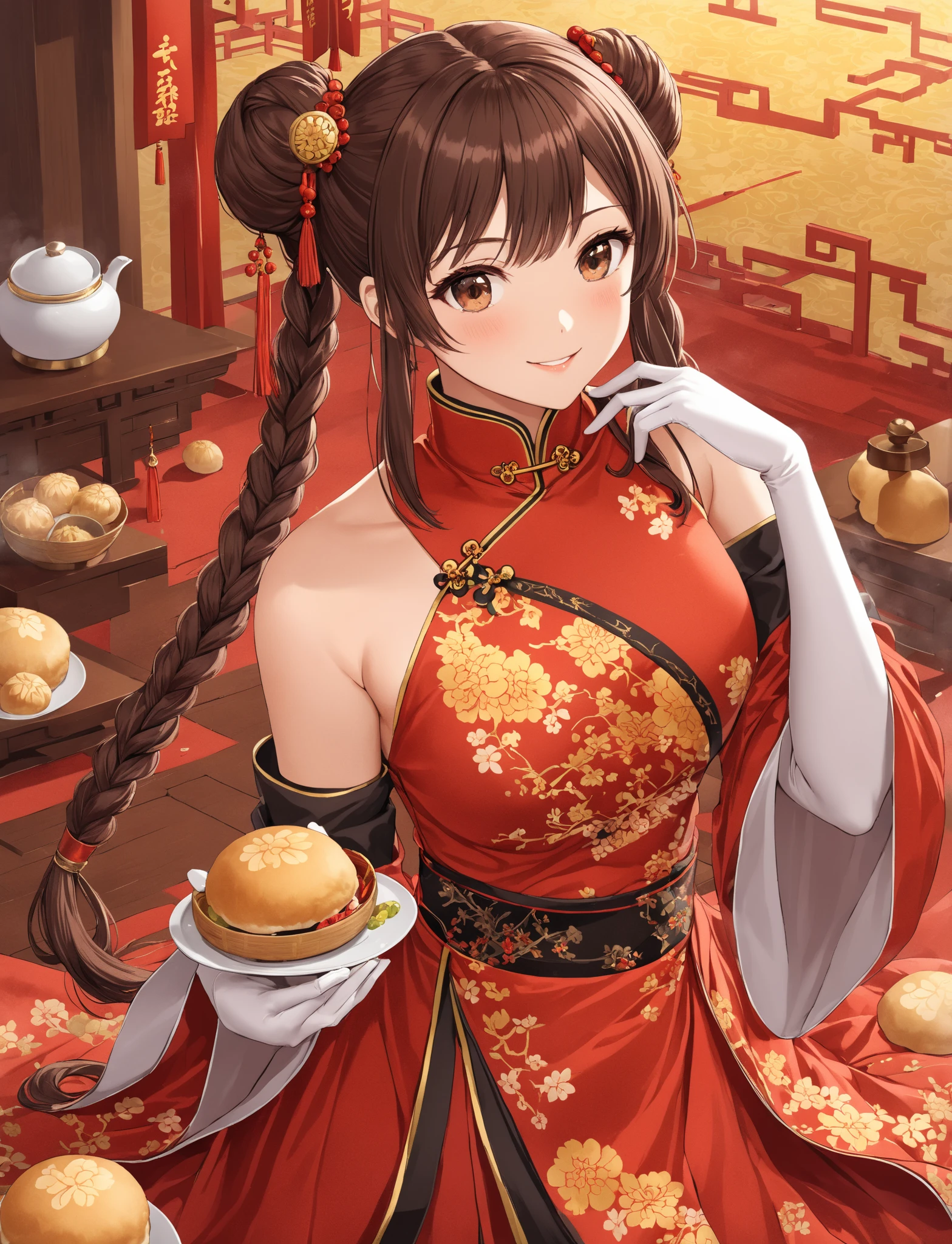 (masterpiece、highest quality: 1.2)、cowboy shot、Mobile Suit Gundam OO、China、Chinese family、Meat Bun、Xiao Long Bao、fried rice、ramen、Wang Liumei、Wang Liumei、big tits milf、big tits milf、big tits milf、smile、see the beholder、hand on own face、twin braids、double bun、bun cover、cheongsam、(elbow bag: 1.1)、Investor and agent of Celestial Being。A celebrity who has made a name for himself in social circles around the world.、Despite being only 17 years old、He is the head of a royal family that owns one of the world's leading multinational group companies.。Utilizing his vast assets and personal connections in the political and business circles,、Supported the activities of Celestial Being, which initiated armed intervention.。Red Dragon、