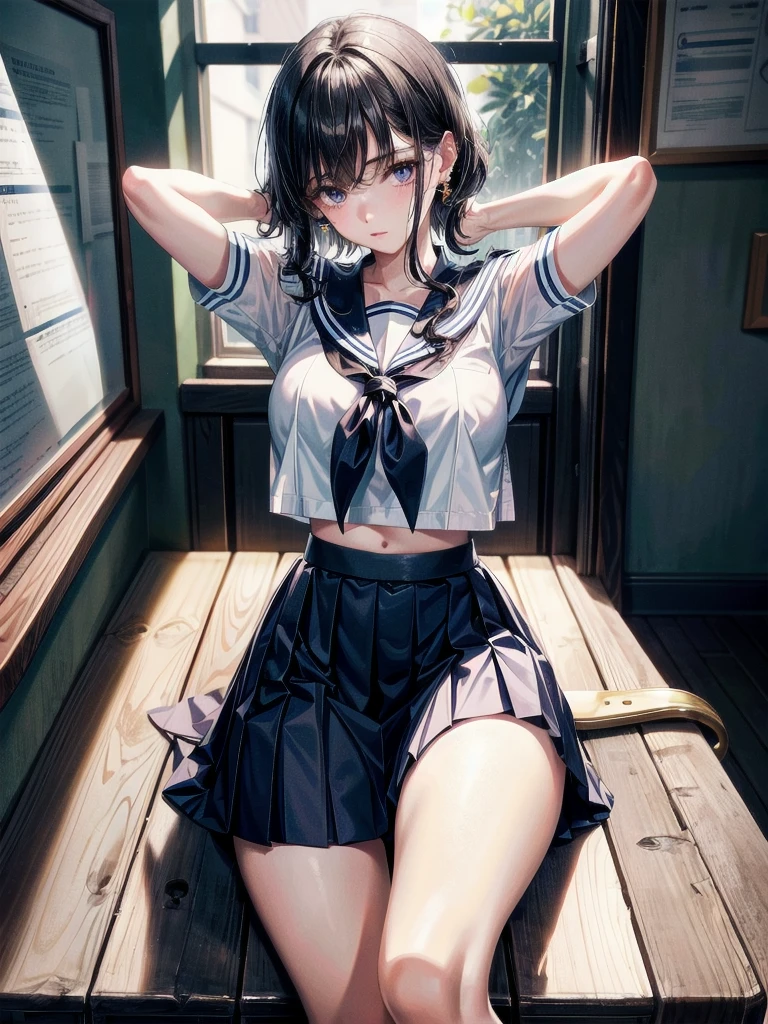 whole body, earring, medium hair, medium tits, tearful mole, school_uniform, sailor uniform, sleeveless, school, classroom,