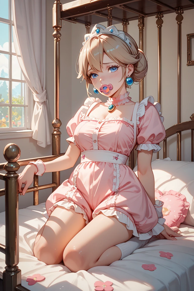 Pretty girl with light brown eyes, curly orange hair, big lips, small boobs and wide hips, wearing a frilly pink bonnet, frilly pink leotard, wearing a frilly white diaper, wearing white stockings, eating cookies in a crib