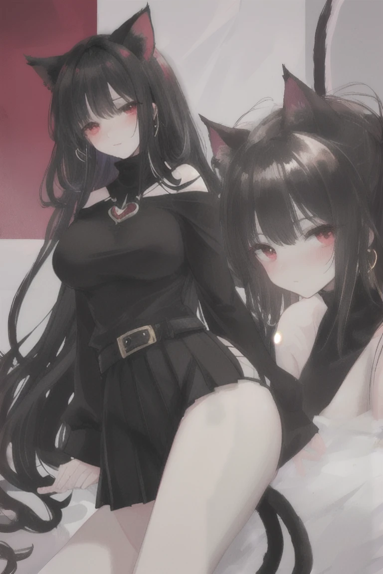Female wolf alone without anyone together, wears a short black maid dress showing her panties, has long black fuzzy hair with red highlights, has red eyes, has big breasts, has wolf ears and a wolf tail.