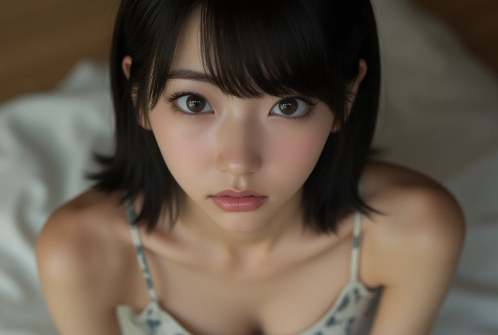 (1 girl),(masterpiece: 1.3), (beautiful: 1.2), (high quality: 1.2), (finely detailed: 1.2), (beautiful eyes: 1.5), portrait, realistic, 3D face, (bright eyes: 1.1), shiny hair, shiny skin, alone, embarrassed, abdomen, brown hair, black eyes, (lingerie: 1.3), full body