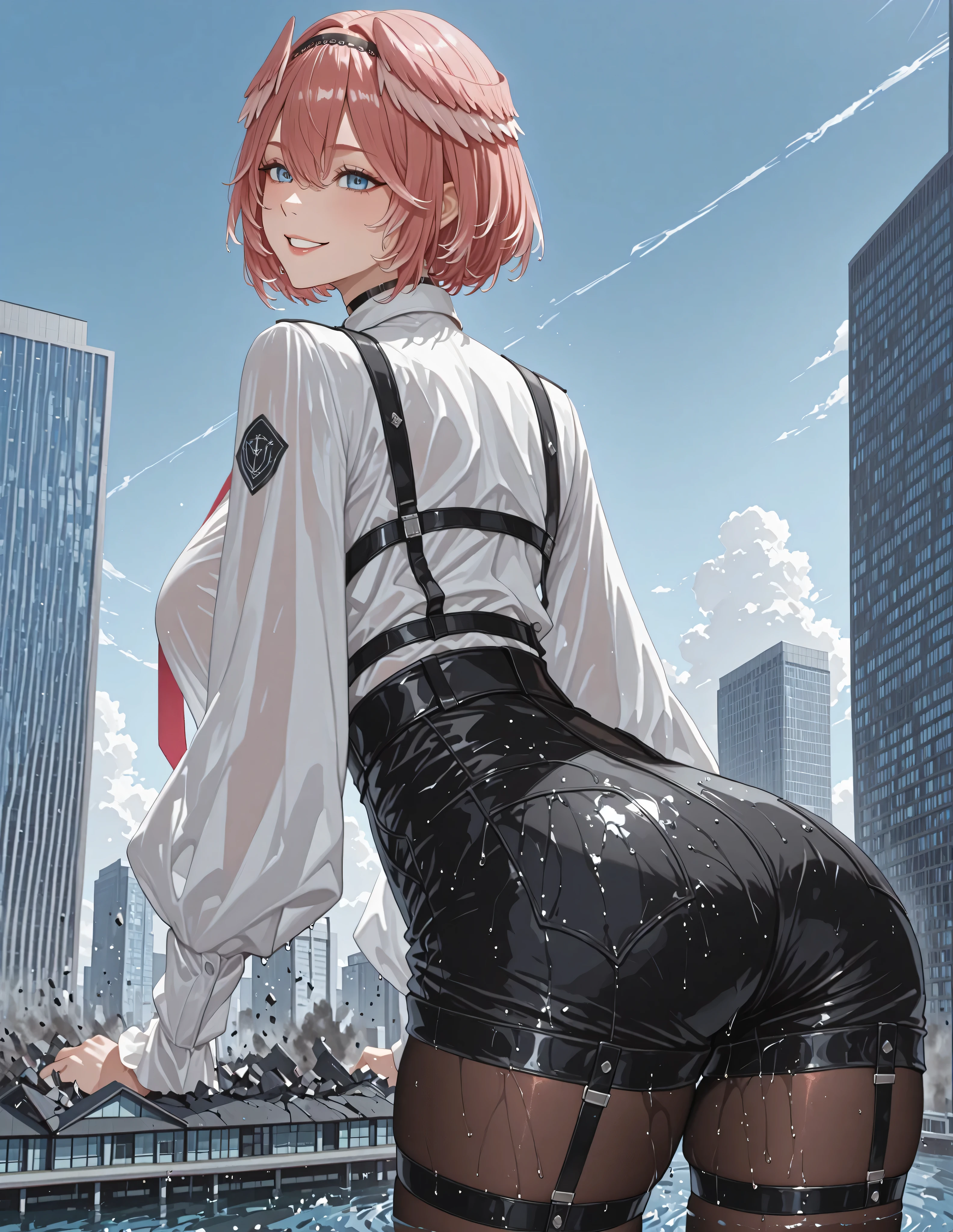 masterpiece, 最high quality, high quality,
Louis IL , luidef , Headwings, short hair, Headband, puffy long sleeve, collared shirt, high-waist shorts, red necktie, Shoulder jacket, fingerless Butt under pants, Thigh Straps, pantyhose under shorts, legwear under shorts, shorts, Headband, Smile, cowboy shot, black choker, brown pantyhose, shirt, Big breasts, Hair between eyebrows, comment, White Background, black Butt under pants, white shirt, The perfect outfit, long sleeve, Simple background, black Headband, Butt under pants, pink necktie, Puff Sleeves, comment on shoulders, pantyhose, 1 girl, viewers, black shorts, necktie, solo, choker, bob cut, Parted Lip,outdoor, City buildings in the background、The building in the foreground、 Broken Cineckties、rubles ミニチュアの 大都市、 A girl taller than a building 、let's crush the proposal、City buildings in the backgroundがある、Broken building in front of the screen、 Broken Cineckties、rubles, Giant Art、high surreal and very detailed giant shot、girl taller than the building、the ground underfoot is cracked。162 kilometers high,,Destruction,Wet, water,walk, let's smash a proposal、Huge shot、The building in the foreground、 The Ruined City、rubles, Giant Art、very surreal and very detailed giant shot、girl taller than the building、the ground underfoot is cracked細かいrubles, showing a large girl,evening 。Blue Sky,Girl standing breaking through a building