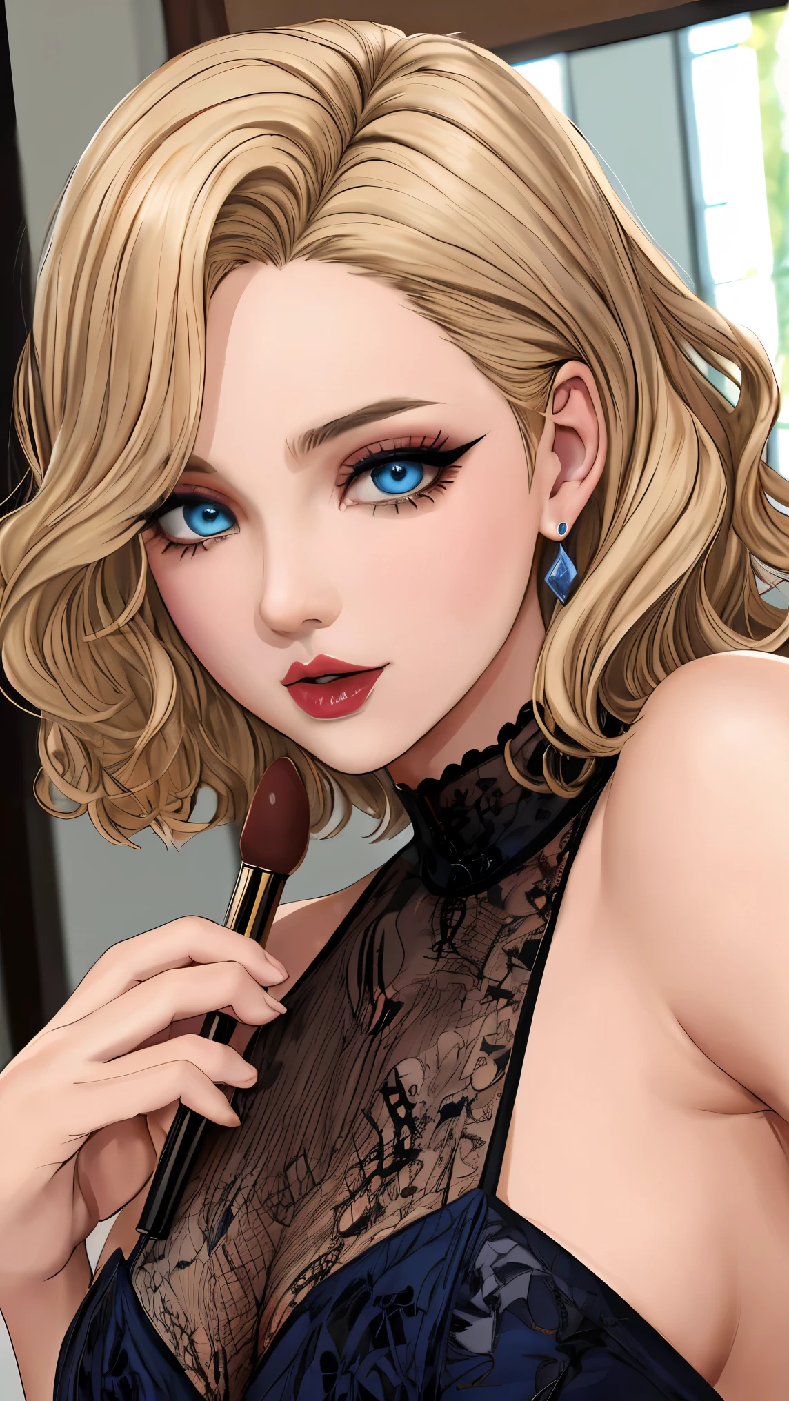 woman, fancy, red lipstick, makeup, cigarette, smoking, light blue eyes, long eyelashes, parted lips, small breasts, lingerie, blush, shy, short curly blonde hair, (sketch:1.2), upper body, dark, noir, indoors, masterpiece, best quality, absurdres