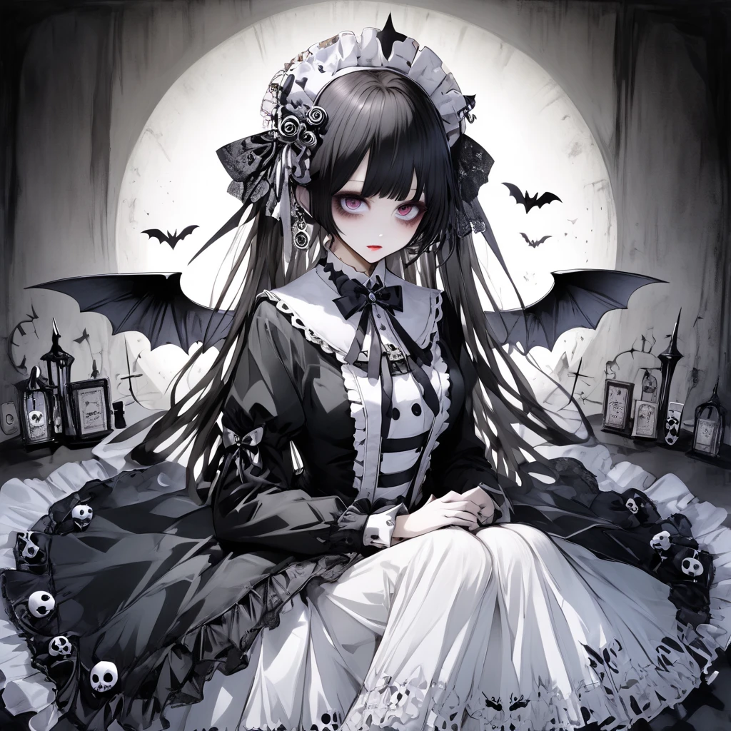 (gothic theme:1.3), masterpiece, best quality, professional detailed photo of (beautiful woman) wearing (dark gothic Rococo dress, multilayered dress:1.2), (extremely wrinkled glossy fabric:1.3), (perfect face, beautiful face, symmetric face), (lipstick, eyeshadow, mascara), (frills and lace:1.1), (gothic stockings:1.1),