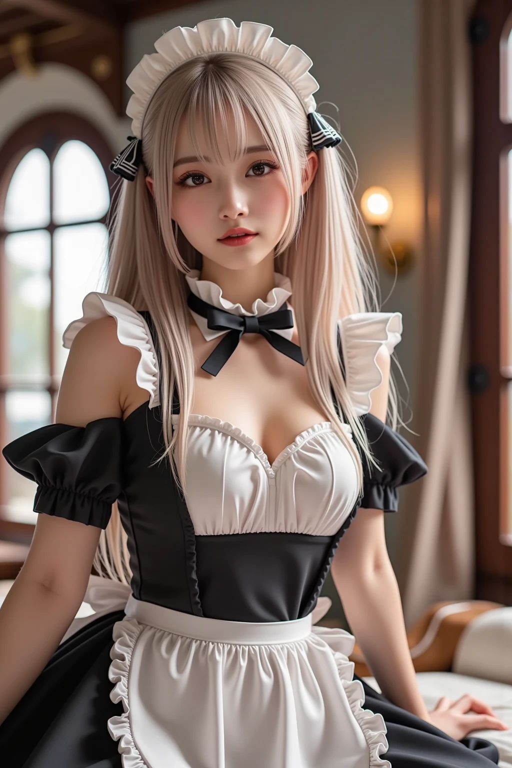 Browsing Caution,(Very delicate,highest quality、8k),(Man and mature woman having sex),Big Breasts,lure,Full make-up,smile,blush,Pink Gold Haired Maid ,Gothic Maid,skirt,Luxurious interior,