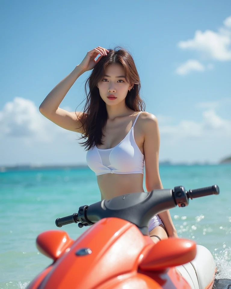 hightquality、超A high resolution、女の子1人、white swimwear(Red Line)Wearing、(huge-breasted:1.2)、high-heels, riding on motorcycle, Blonde short hair, , Photo, The background is the beach,Live Action,japanes,独奏,Beautiful expression,White stockings,beautiful smiling face,perfect body type,the body is wet,winking,the setting sun,独奏,Pulling composition