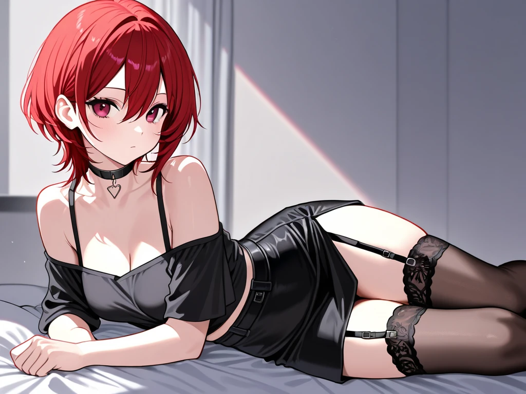 1girl, solo, long hair, looking at viewer, red eyes, jewelry, red hair, earrings, finger to mouth, full-body