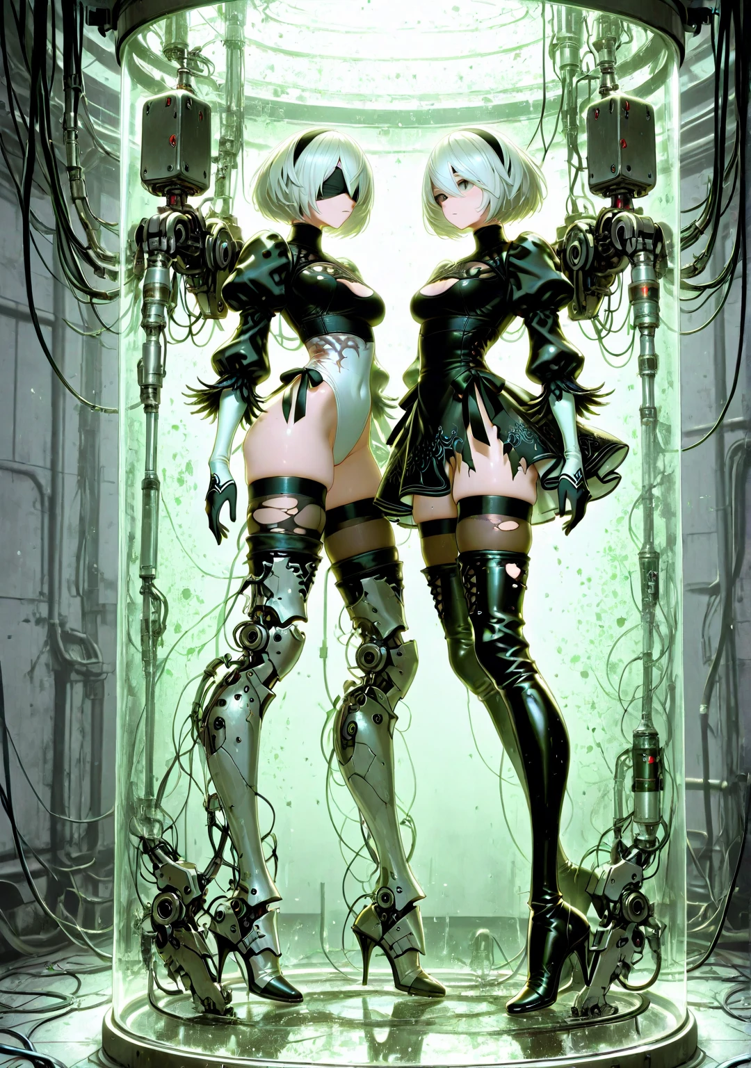 masterpiece, top-quality, Hi-Res, (((Ram(Re:Life in another world starting from scratch)))), (((((Evil Fall))))),(((((((Creatureization))))))), (((((Parasitized))))),(((((tentacle clothes))))), (((Leotard))), (Hollow eyes), (((Colossal tits))), (((neck tie))), (((1girl in))), ((独奏)), (((Standing picture))),A pink-haired, white thighhig, (((short-hair))), red eyes, Hair above one eye, ((frilld)), ((garter strap)),full-body view, Expressionless evil,Parasitic tentacles,Tentacle
