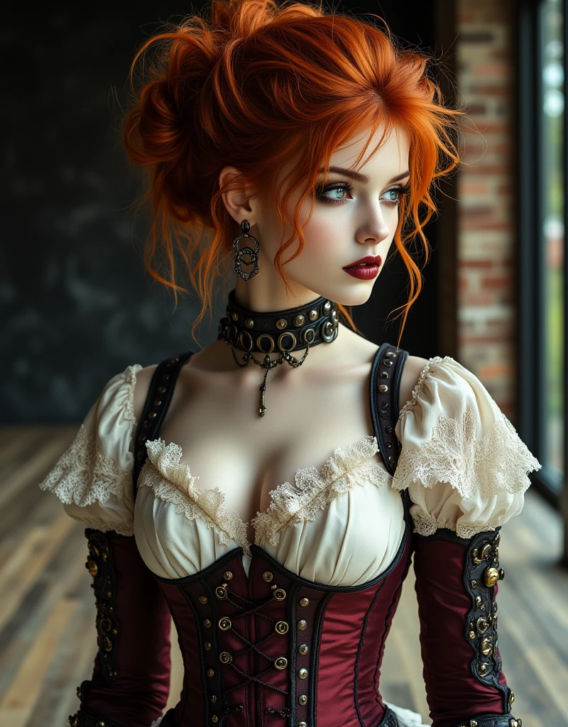 Redheaded vampire with androgynous features, East European origin, Spanish style, overweight