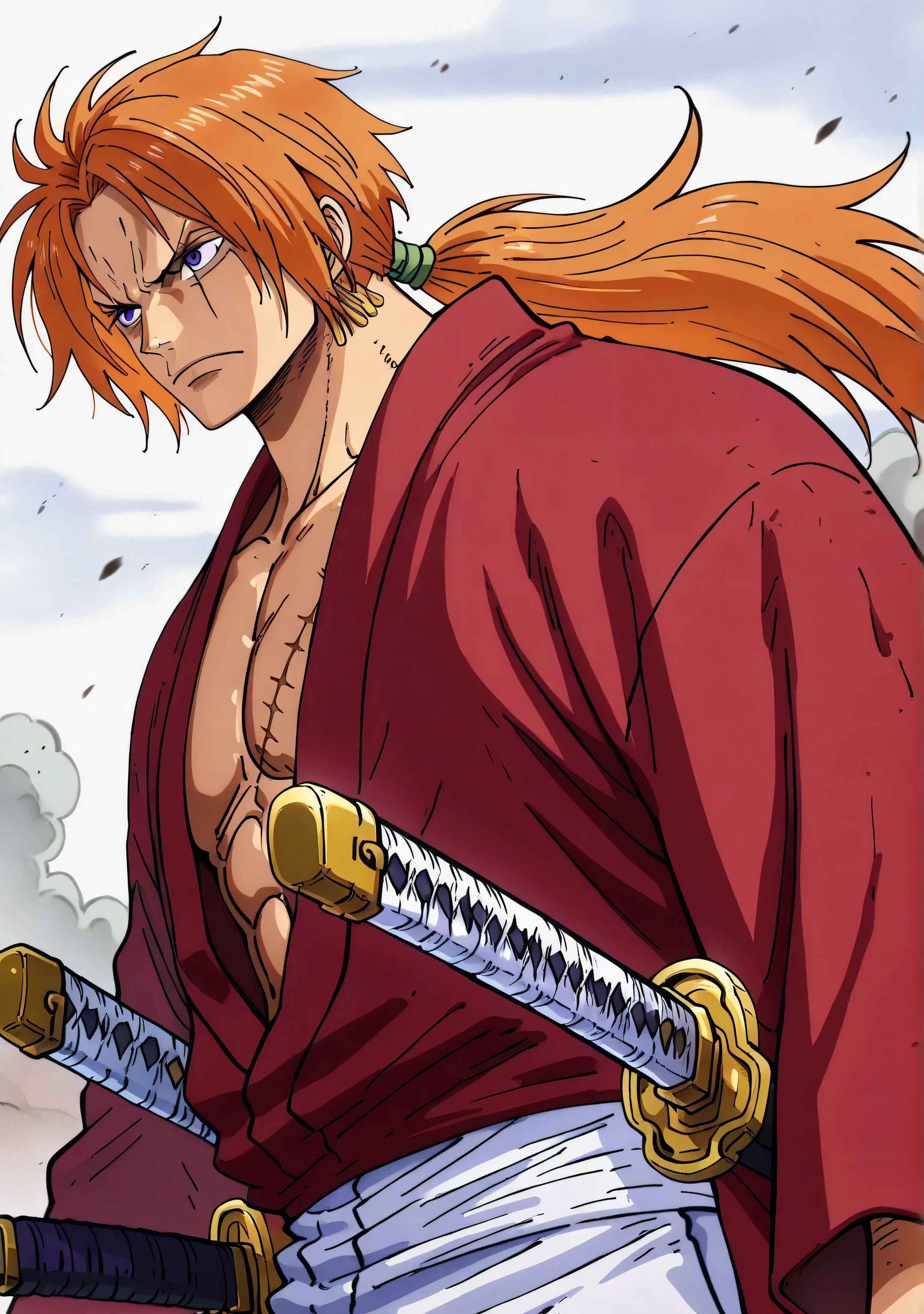 1male,solo,himura kenshin,orange hair,long hair,ponytail, hair,purple eyes,scar on face,red hakama,white pants,serious,big muscle,weapons,1katana,One Piece Anime Style