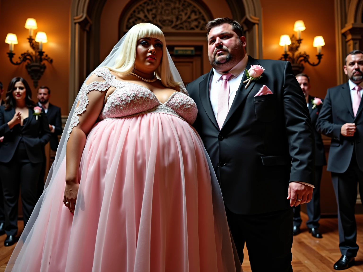 186cm 105kg thin man with abdominal obesity, (140kg obese woman):1.4, friendly pig couple, photorealistic, 8K