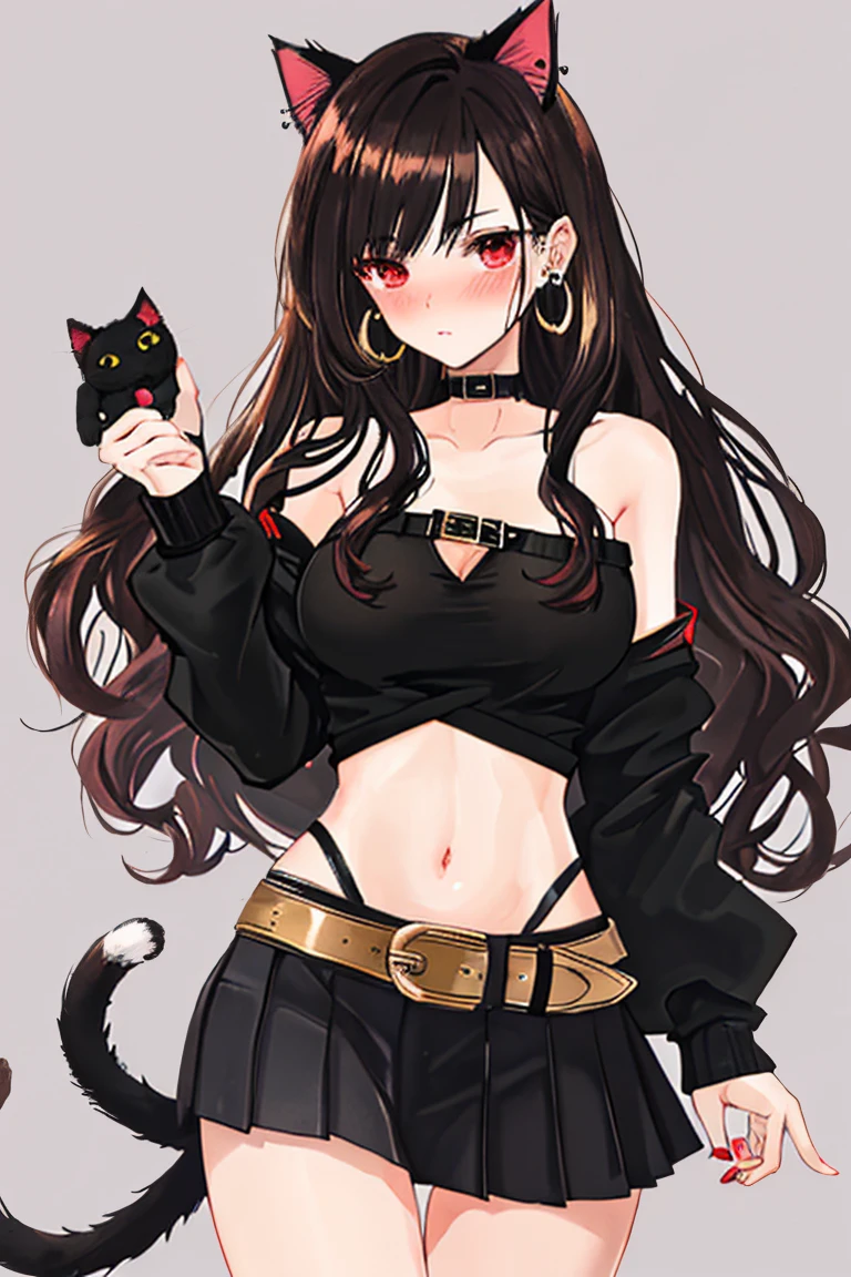 (Excellent quality, good detail, well detailed eyes, HD quality, 4k,) 1chica junkotvv, black hair with cat ears and red eyes with comfortable clothes, simple background , White background