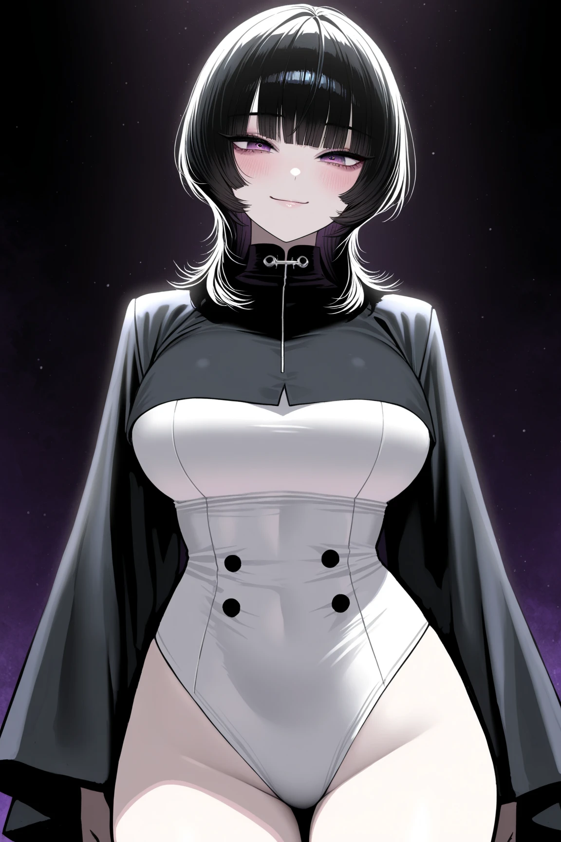masterpiece, best quality, <lora:ErikooooV3.5.1-000020:0.5>, <lora:ErikoFinalFinalFix-000020:0.3>, 1girl, eriko, (horns:0.9), brown hair, purple eyes, constricted pupils, bob cut, blunt bangs, red capelet, dress, black bra, cleavage, black bow, fur trim, elbow gloves, gauntlets, smile, open mouth, looking at viewer, hand on own face, ebiblue, (monochrome, greyscale, spot color:1.2), gesugao, sketch, black background, <lora:Ebiblue:1>