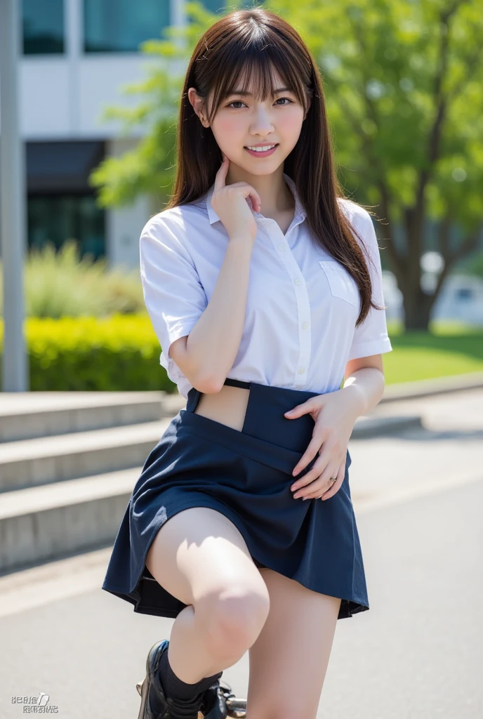 (table top、highest quality、8k、Award-winning work、ultra high resolution)、one beautiful woman、(white collared shirt made of polyester:1.1)、(navy pleated skirt:1.1)、ribbon on chest、(big breasts:1.1)、(emphasize body line:1.1)、the simplest blurred sky background、(Strongly blurred background:1.1)、beautiful sunlight filtering through the foliage、garden、(sky seen from below:1.2)、beautiful clouds、clear beautiful sky、(From below, from the crotch to the face:1.4)、(show off panties:1.1)、(Lift up your skirt and show your panties:1.2)、(Close-up of classy panties:1.1)、(Photo from below:1.3)、(close-up of crotch:1.1)、(The most natural and perfect crotch:1.1)、perfect hips、(Please open your thighs to the side.:1.3)、(A beautiful smile looking at me 1.2)、(Perfect anatomy with meticulous attention to detail:1.1)、ultra high definition hair、ultra high resolutionの完璧な美しい歯、Ultra high definition beauty face、ultra high definition hair、Super high-definition sparkling eyes、輝くultra high resolutionの美肌、ultra high resolutionの艶やかな唇、(very bright and vivid:1.3)、(Beautiful skin that shines very brightly:1.2)、(very brightly lit face:1.2)