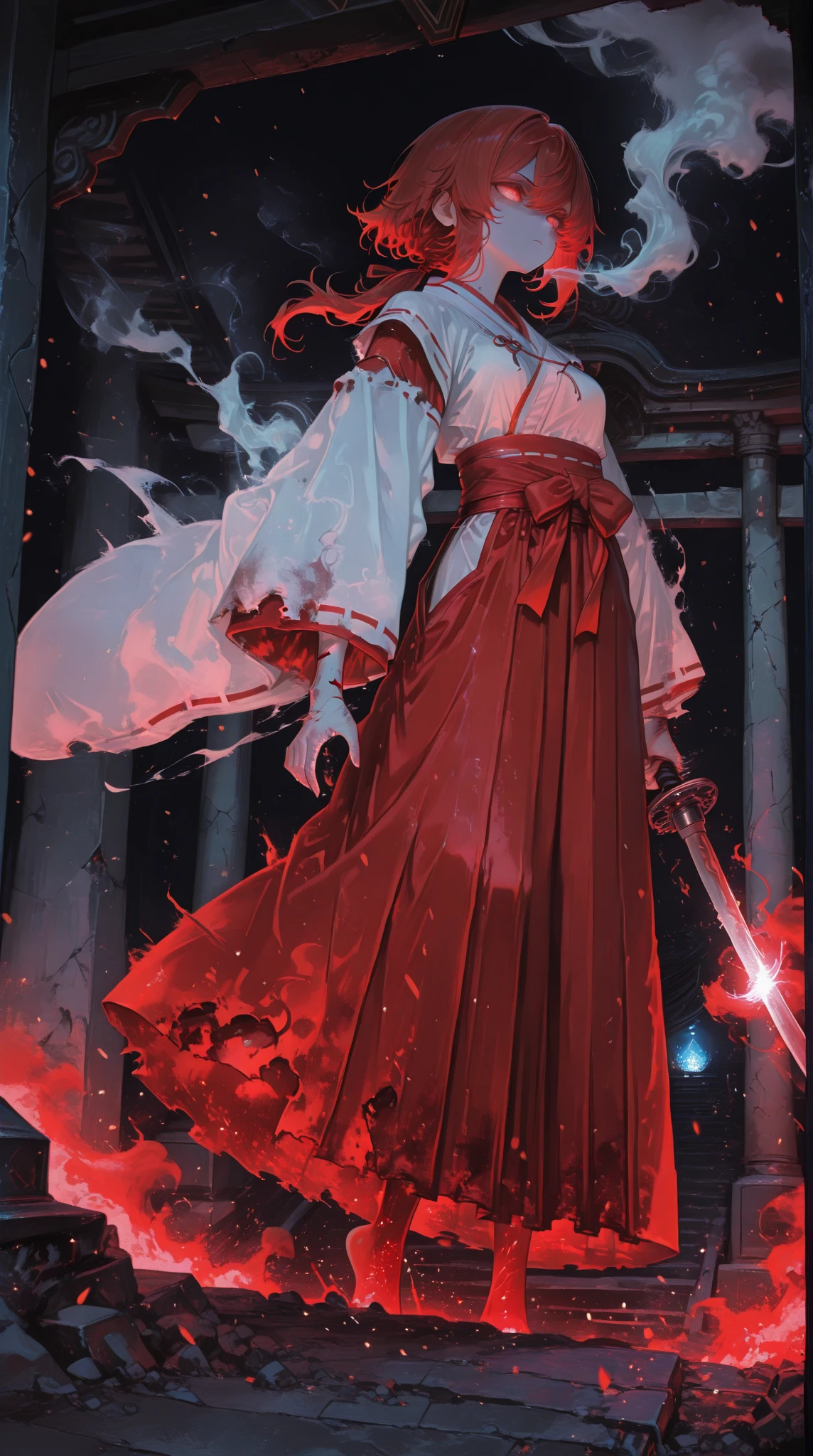 An elegant woman in a blood-stained white blood-stained blood dress holds tightly an axe tinged with a vibrant scarlet in a 4k UHD setting.