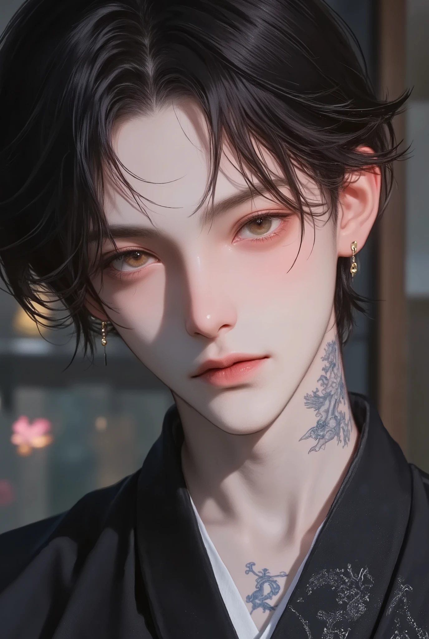 medium hair, Shoulder-Length Hair, Straight, 1 Handsome male, Flawless face, ((Two-colour Hair : black-Silver)), Amber Prismatic Eyes, Hanafuda Earring, black kimono with japanese pattern, chest, handsome, dragon tattoo, standing, smile, Background japanese room, anime Style