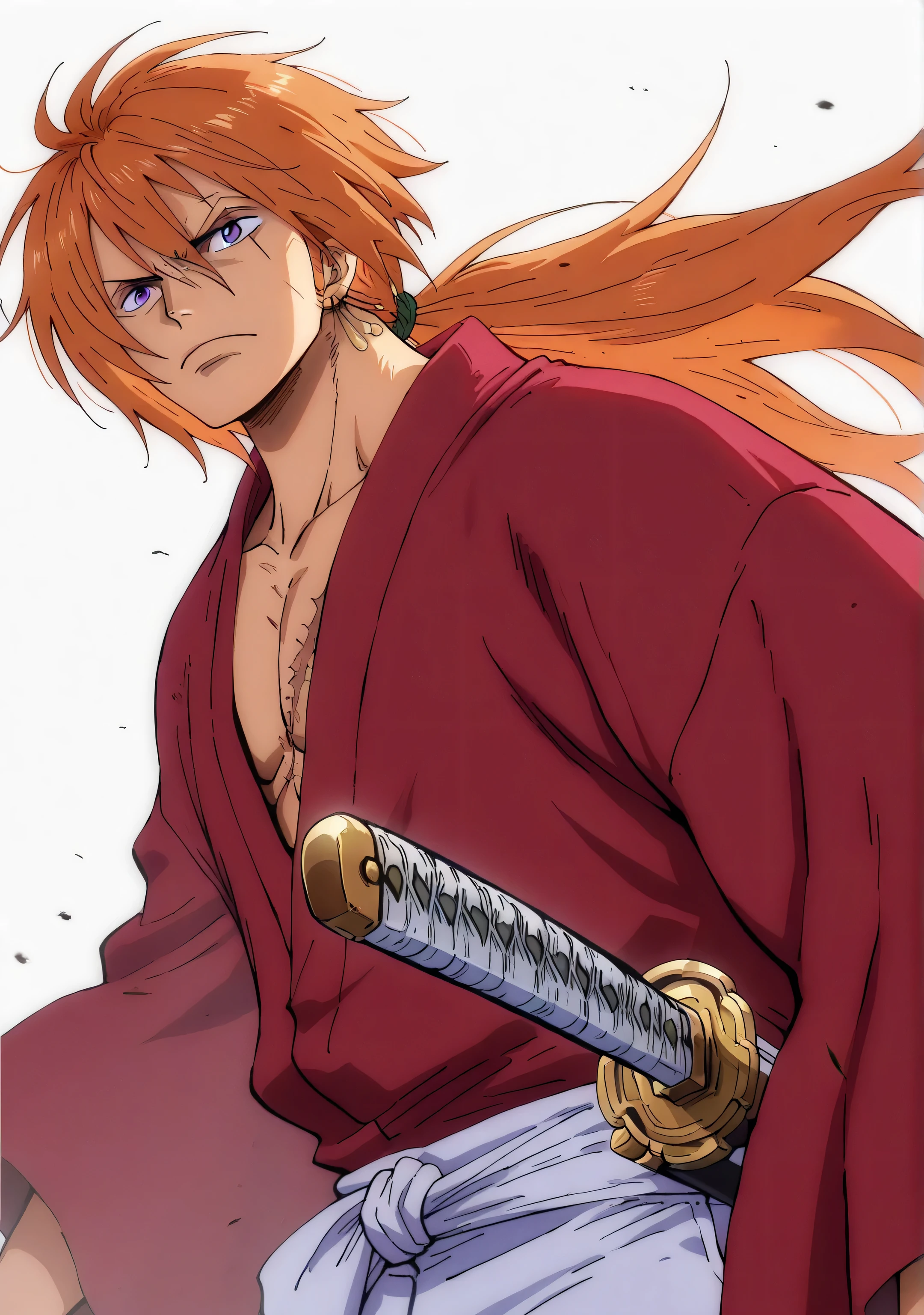 1male,solo,himura kenshin,orange hair,long hair,ponytail, hair,purple eyes,scar on face,red hakama,white pants,serious,big muscle,weapons,1katana,One Piece Anime Style