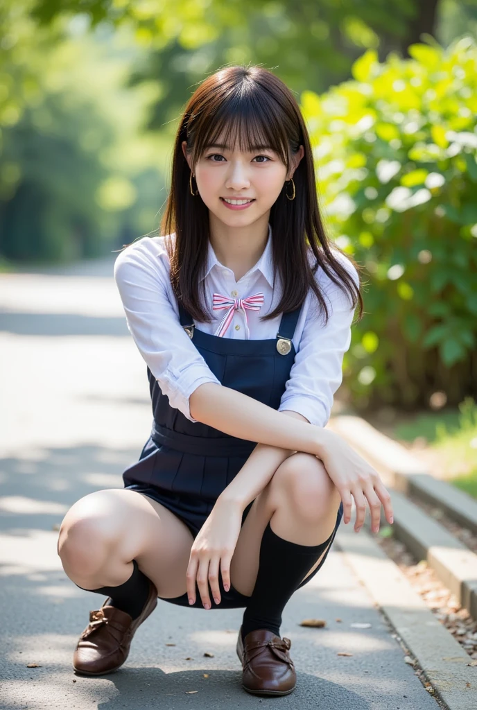 Pure Japanese girl, sexual attractive, sweet temptation, outstanding body, beautiful legs, wearing uniform, black color high socks, loafers, panty, natural long hair, sweet smile, sitting, refreshing in early summer, park, professional portrait photography, composition from the front,